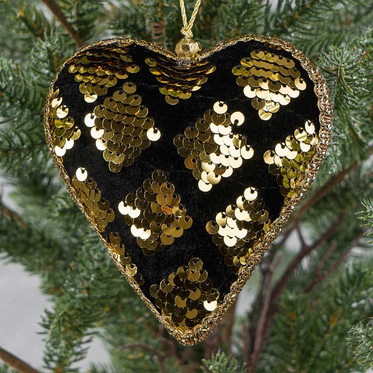 Ёлочная игрушка Чёрно-золотое сердце с пайетками Sequins Heart Black And Gold 12 cm