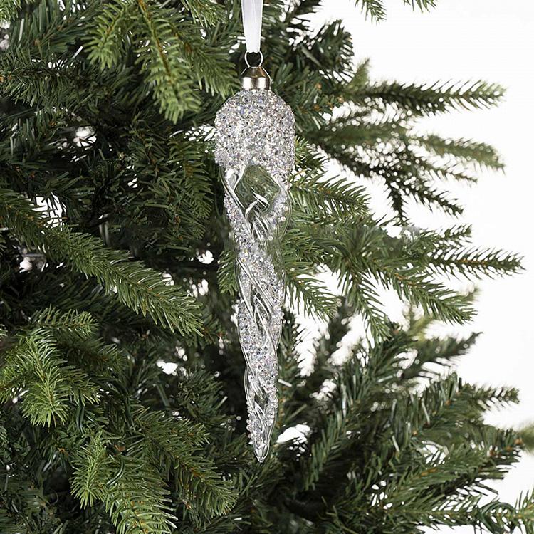 Ёлочная игрушка Прозрачная сосулька с блёстками Clear Icicle With Silver Glitter