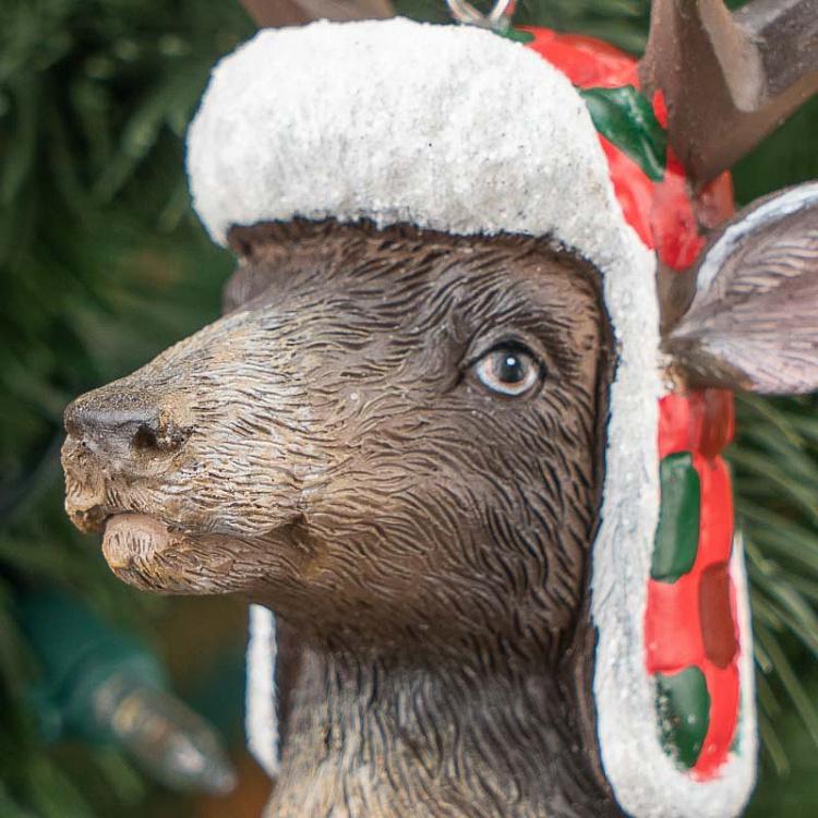 Набор из 2-х ёлочных игрушек Головы оленя и лося в шапках Set Of 2 Deer And Moose Heads With Hat Brown 13,5 cm