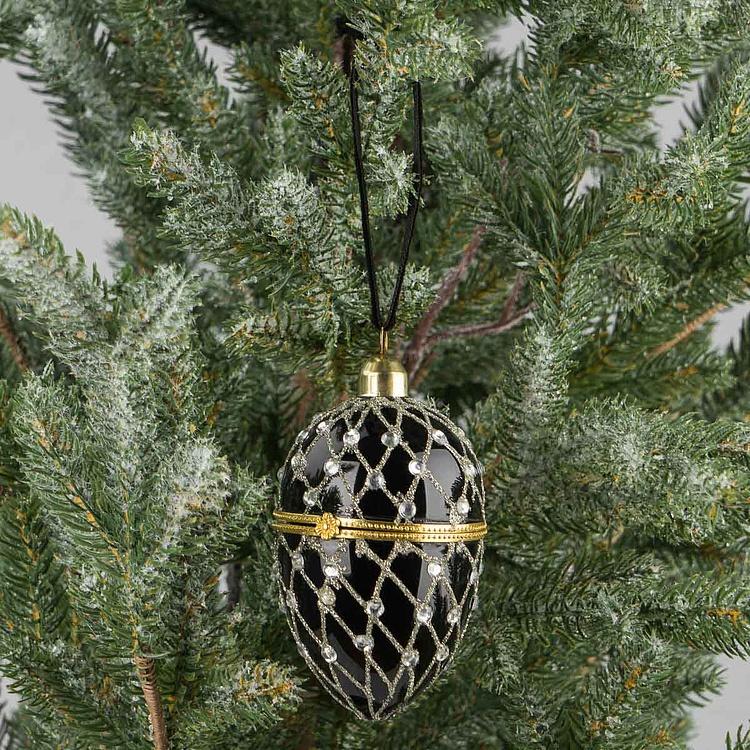 Ёлочная игрушка-шкатулка Чёрное яйцо с серебряным сеточным узором Xmas Egg Box Jewel Net Black Silver 9 cm