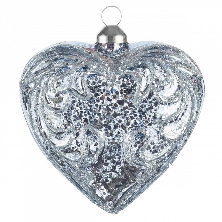 Ёлочная игрушка Сердце серебристо-голубое Heart Ball Silver Blue 9 cm