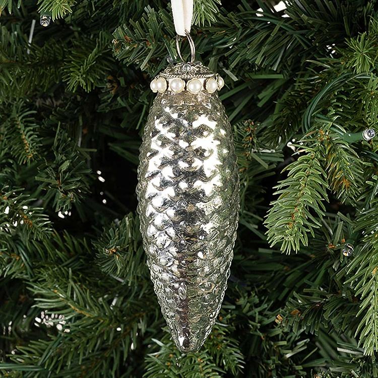 Ёлочная игрушка Серебристая шишка Glass Pine Cone Silver 15 cm