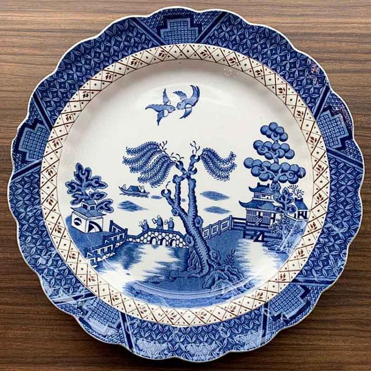Винтажная тарелка белая с голубым мотивом 16, L Vintage Plate Blue White Large 16