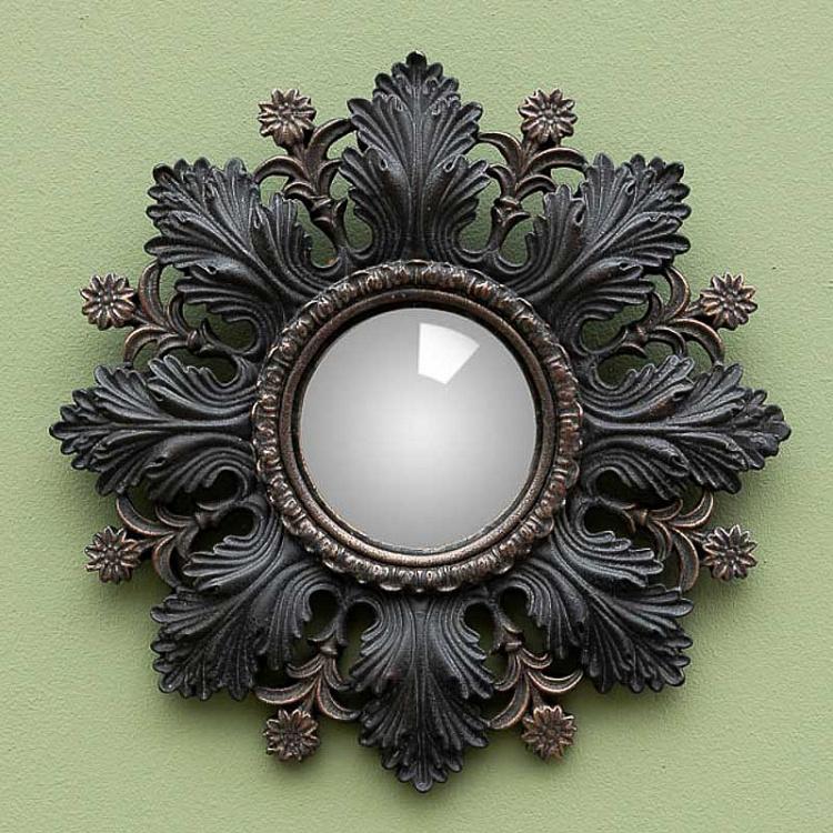Выпуклое зеркало в раме с чёрными листьями и цветами Black Leaves And Flowers Convex Mirror