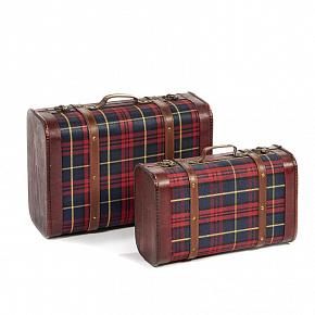 Set Of 2 Wood Fabric Suitcase Boxes Tartan