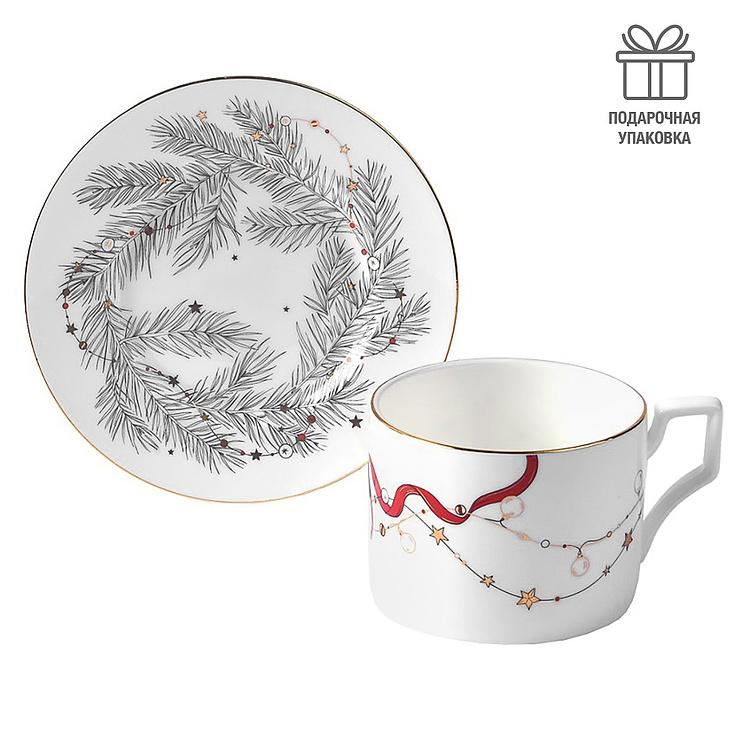 Чайная пара Новогодняя с красной лентой на чашке New Year Pine Tea Cup And Saucer