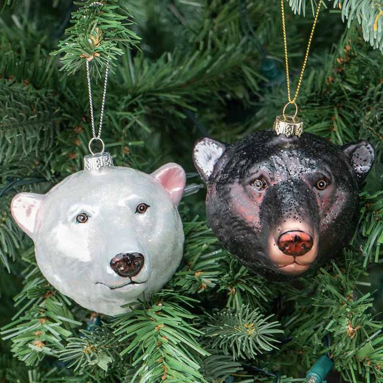 Набор из 2-х ёлочных игрушек Бурый и полярный медведи Set Of 2 Glass Bear Heads Black/White 10 cm
