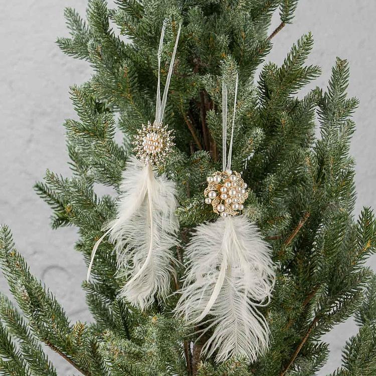 Набор из двух ёлочных игрушек из перьев Set Of 2 Plume Jewels Cream Gold 22 cm