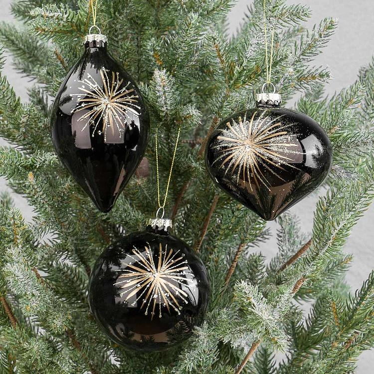 Set Of 3 Glass Starburst Ball Black 10 cm