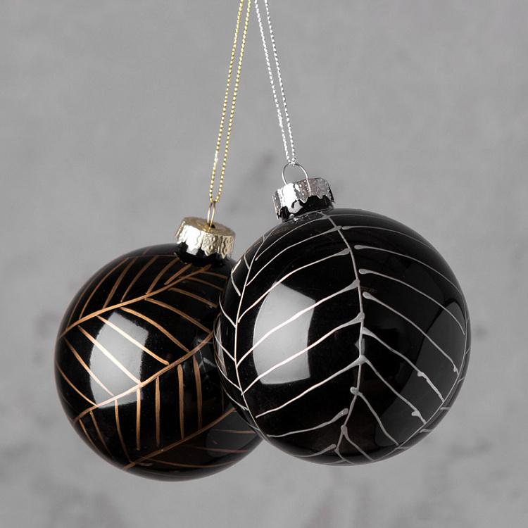 Набор из двух ёлочных шаров Флора Set Of 2 Glass Fishbone Pattern Balls Black 8 cm