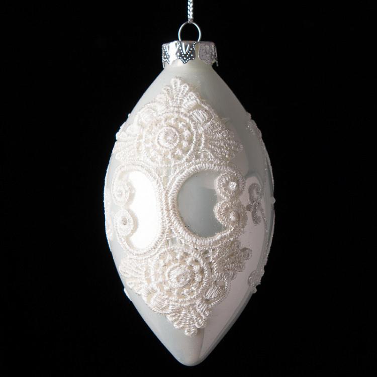 Набор из трёх ёлочных игрушек Белые шары с кружевом Set Of 3 Glass Lace And Pearl Crest Ball White 10 cm