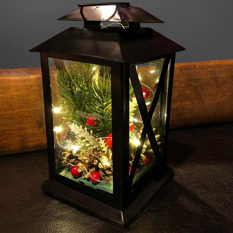 Чёрный декоративный фонарь с композицией внутри New Year Lantern Black 22 cm