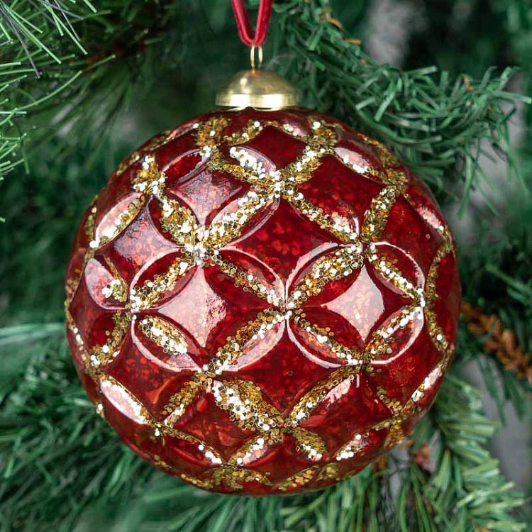Красный ёлочный шар с золотым узором и блёстками Ball Glass Red With Gold Patterns 10 cm