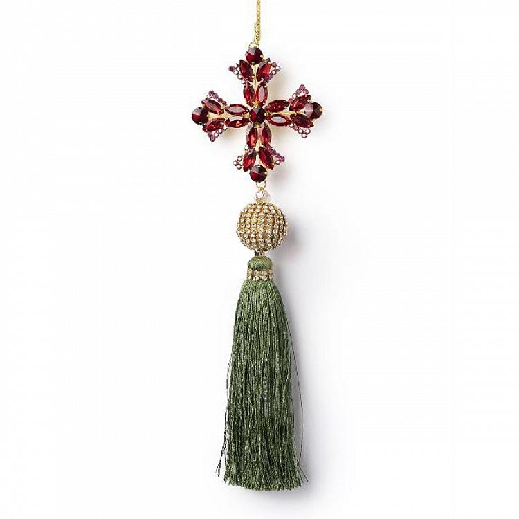 Новогодняя подвеска Красный крест с зелёной кисточкой  Pendant Red Cross With Green Tassel 25 cm