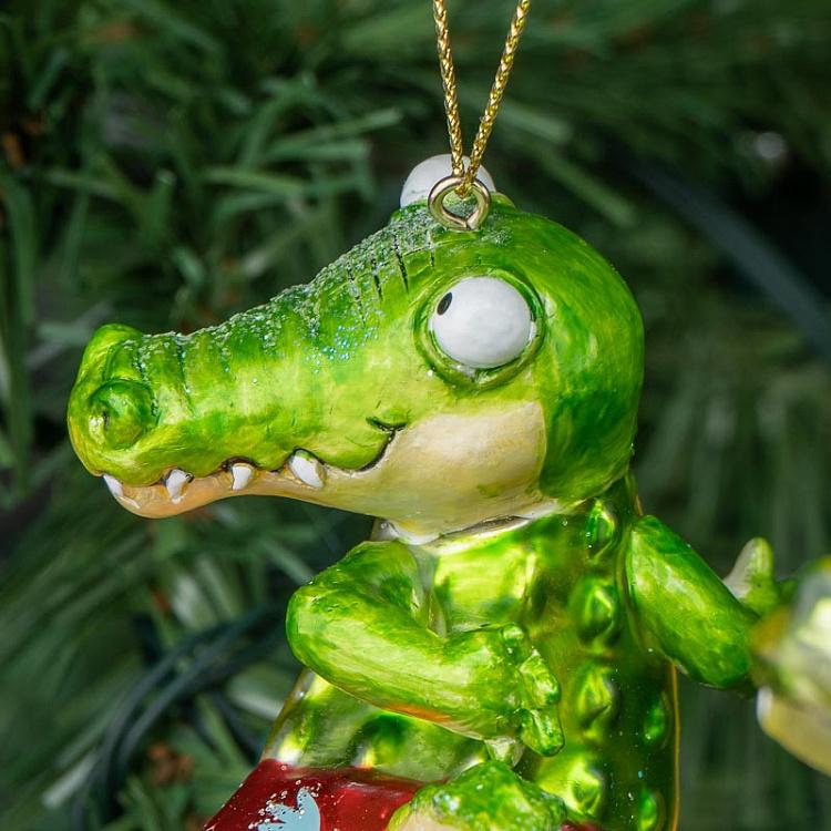 Набор из 2-х ёлочных игрушек Крокодилы-серфингисты Set Of 2 Glass Surfing Crocodiles Green/Red 15 cm