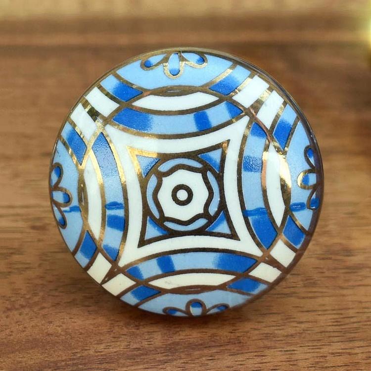 Мебельная синяя керамическая ручка Ар-деко Art Deco Blue And Gold Ceramic Knob