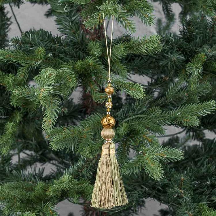 Новогодняя подвеска из бусин золотисто-зелёная с кисточкой  Beads Pendant With Tassel Gold Green 19 cm