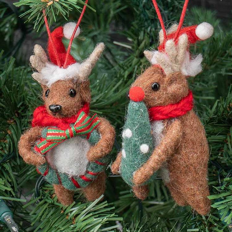 Набор из 2-х ёлочных игрушек Войлочные рождественские олени Set Of 2 Felt Xmas Deers Brown/Red/Green 12,5 cm