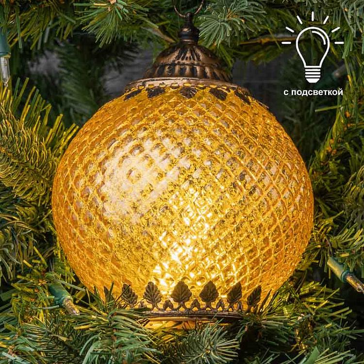 Ёлочная игрушка светящийся золотистый шар на батарейках Led Glass/Metal Textured Lantern Gold On Battery 18,5 cm