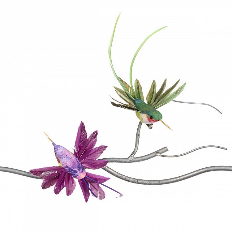 Set Of 2 Plume Fly Hummingbirds On Clip Green Purple 18 cm