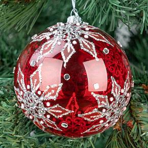 Glass Glitter Snowflake Ball Red/Silver 10 cm