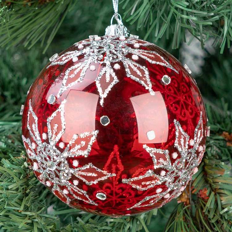 Красный ёлочный шар с серебристыми снежинками, M Glass Glitter Snowflake Ball Red/Silver 10 cm