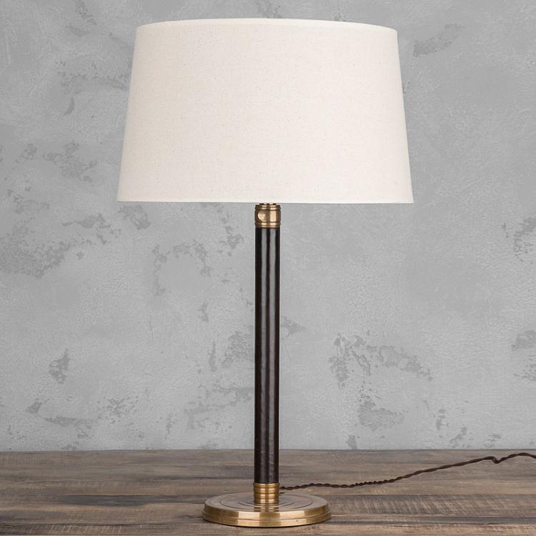 Настольная лампа с бежевым льняным абажуром Лонгфорд Table Lamp Stand Leather And Copper With Shade Beige Linen