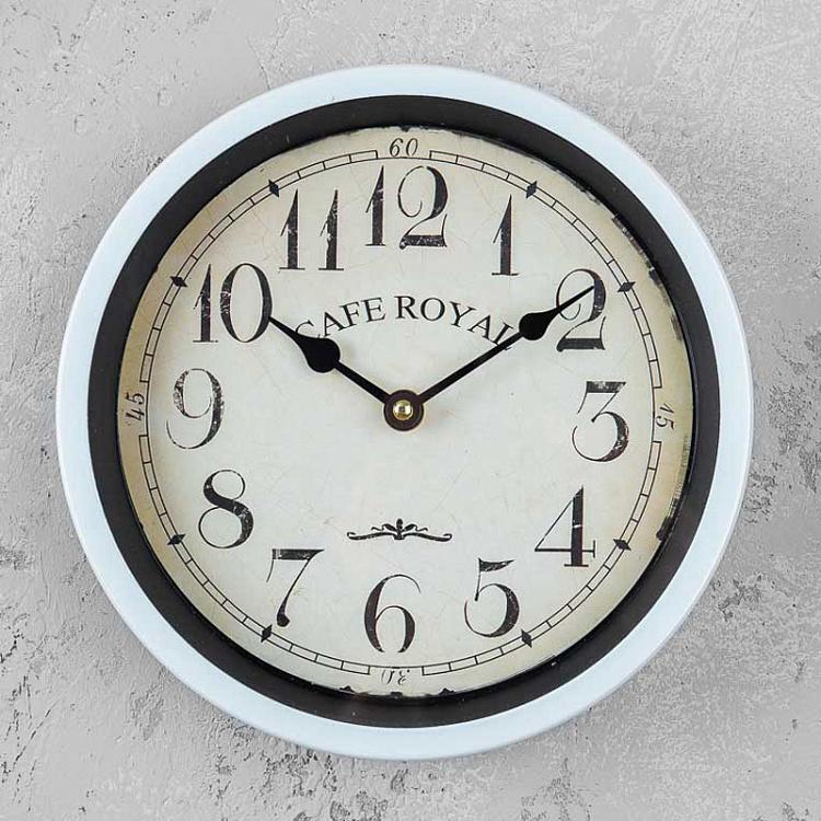 Бледно-голубые настенные часы Кафе Рояль Horloge Ronde Murale Metal Bleu Clair Cafe Royal Fond Beige Vieilli