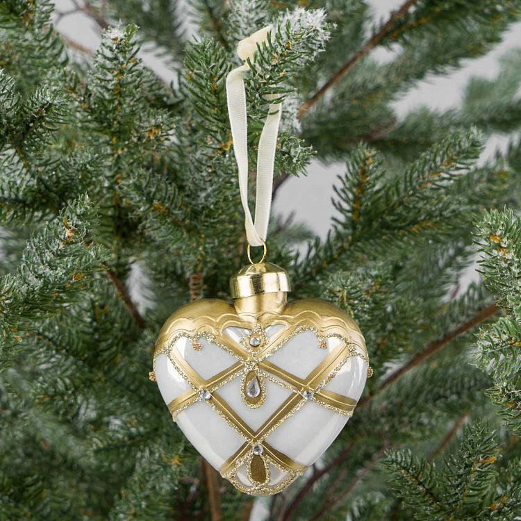 Ёлочная игрушка Белое сердце с золотистым рисунком и стразами White Golden Pattern And Rhinestones Heart White 8 cm