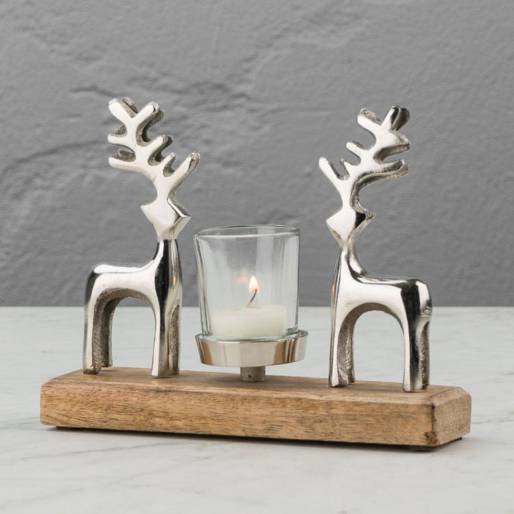 Подсвечник с двумя оленями на деревянной подставке 2 Deer Candle Holder