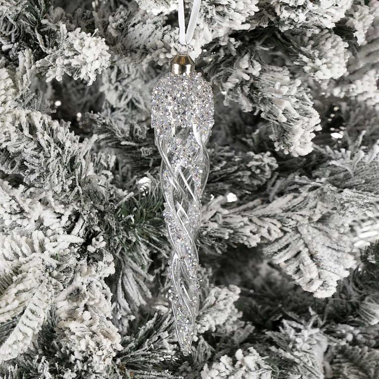 Ёлочная игрушка Прозрачная сосулька с блёстками Clear Icicle With Silver Glitter