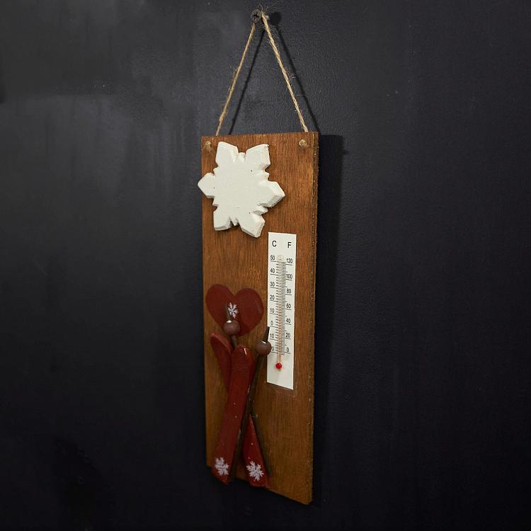 Настенный деревянный термометр с лыжами и снежинками дисконт5 Wooden Thermometer With Ski And Snowflakes 24 cm discount5