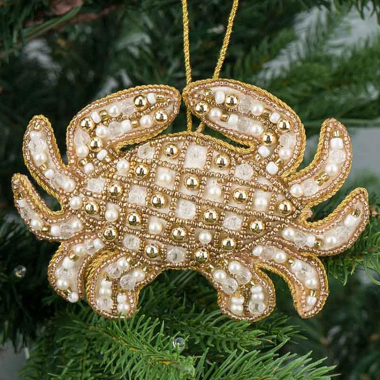 Ёлочная игрушка с бисерной вышивкой Золотой краб Embroidery Beaded Crab Gold Cream 13,5 cm