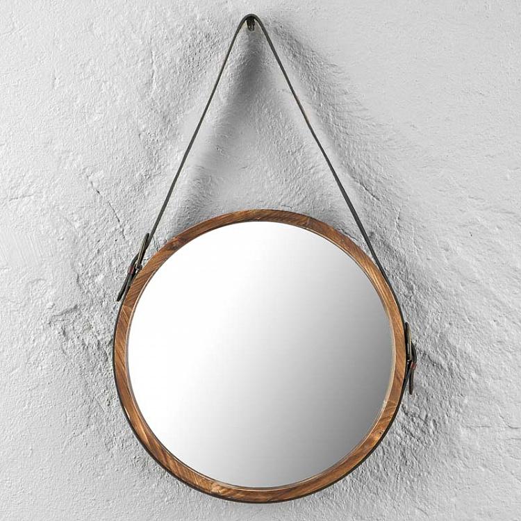 Настенное круглое зеркало из тёмного дерева на ремешке Round Dark Wood Mirror With Faux Leather Strap