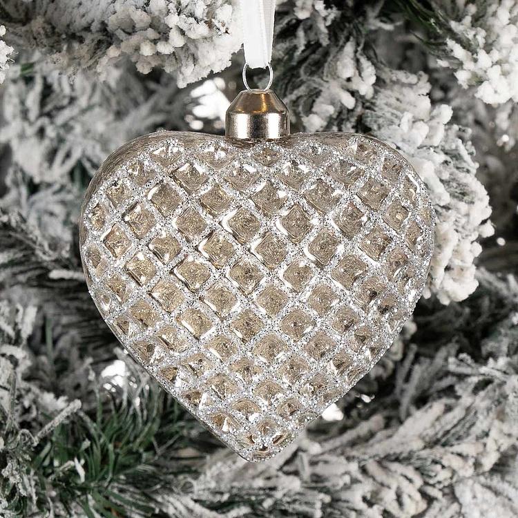 Ёлочная игрушка Серебристое рельефное сердце Relief Heart Shaped Ball Silver 9 cm