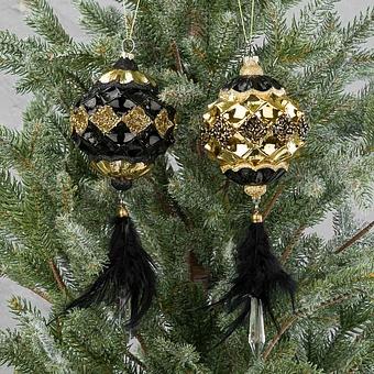 Set Of 2 Glass Diamonds With Plumes Black Gold 25 cm