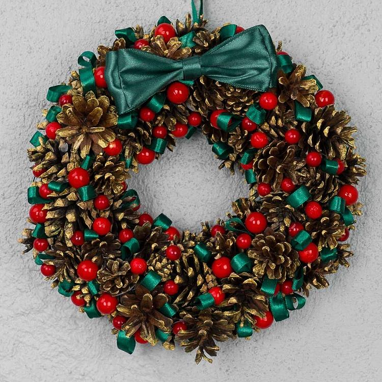 Новогодний венок с ягодами и зелёными лентами Wreath With Berries And Ribbons 25 cm