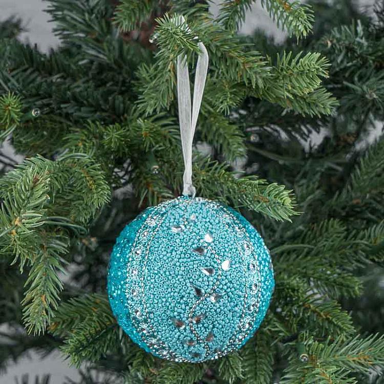 Ёлочная игрушка Голубой шар с орнаментом из бисера Bead Ornament Ball Blue 9 cm