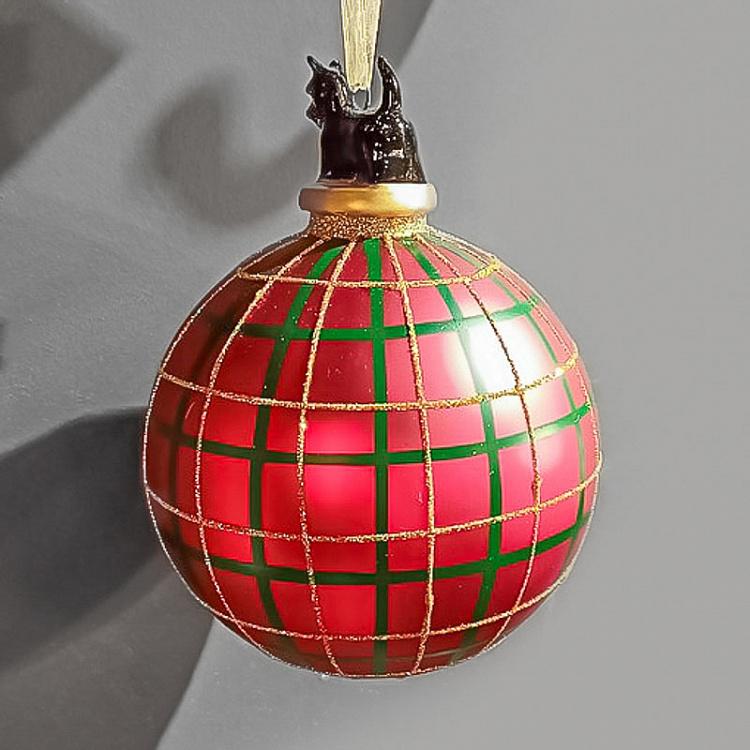 Клетчатый ёлочный шар с фигуркой собаки Glass Porcelain Tartan Dog Ball Red/Gold 13 cm