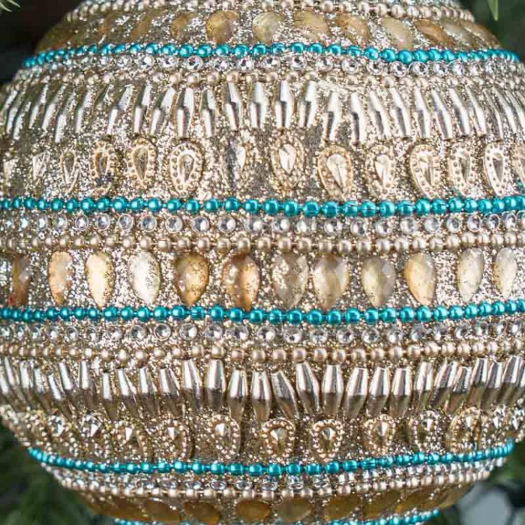 Ёлочная игрушка Золотисто-голубой шар с орнаментом из бисера Beads Ornament Ball Gold Blue 9 cm