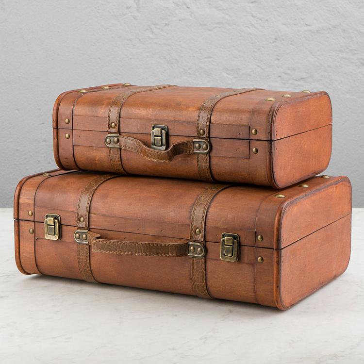 Набор из двух декоративных чемоданов из экокожи Set Of 2 Wood Suitcase Boxes Brown