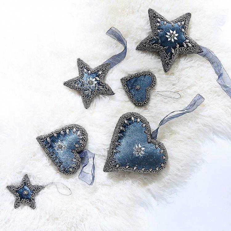 Ёлочная игрушка Серо-голубая бархатная звезда со стразами Beaded Hanger Star Grey Silver 20 cm