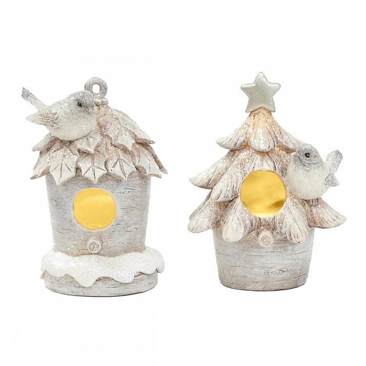 Набор из двух новогодних фигурок с подсветкой Скворечники Set Of 2 Led Birdhouses Cream 14,5 cm