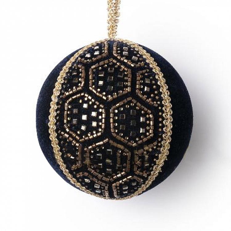 Ёлочная игрушка Чёрный текстильный шар с золотистым узором Gold Pattern Textile Ball Black 9 cm