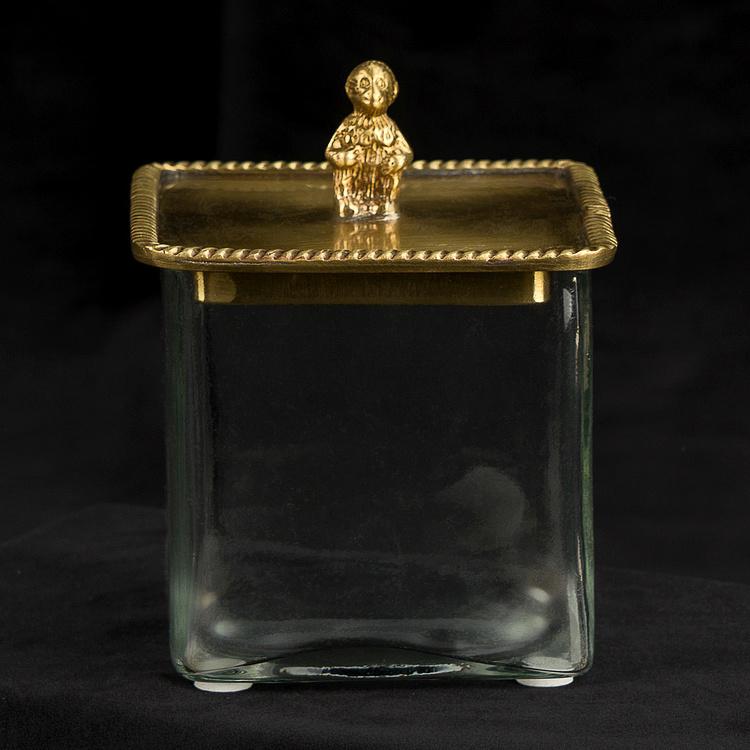 Ёмкость для хранения с латунной обезьянкой на крышке Square Glass Box With Brass Monkey Lid