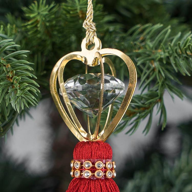 Новогодняя подвеска Хрустальный кулон в форме сердца с красной кисточкой Crystal Heart-Shaped Pendant With Tassel Red 16 cm