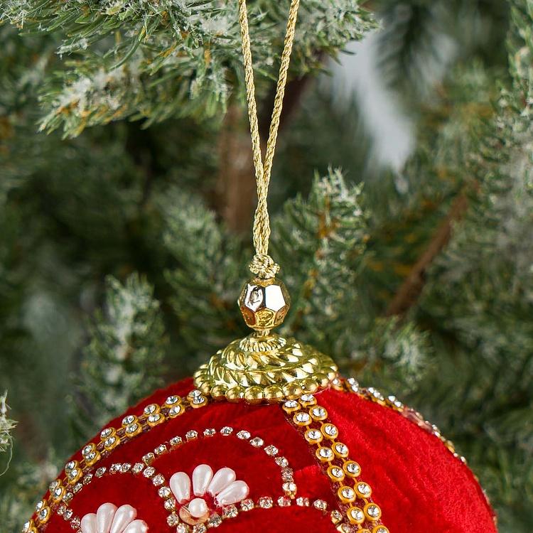 Ёлочная игрушка Красный шар с жемчугом и бисером Pearl Ornament Velvet Ball Red 10 cm