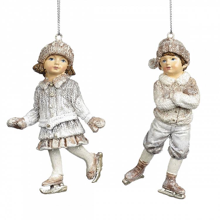 Набор из двух ёлочных игрушек Дети на коньках Set Of 2 Skating Snowkids Cream 10,5 cm