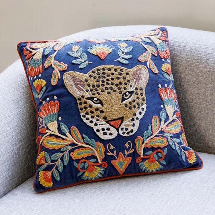 Flowery Leopard Embroidered Cushion