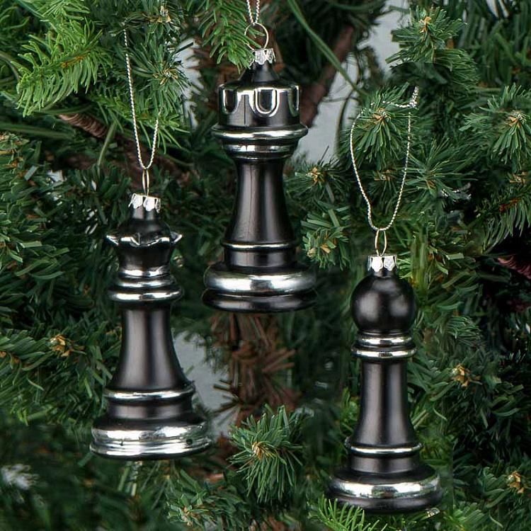 Набор из трёх стеклянных ёлочных игрушек Чёрные шахматы 2 Set Of 3 Glass Chess Black 2 10 cm